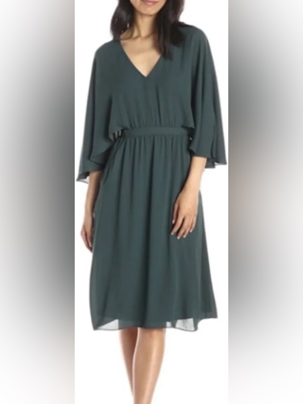 BCBGMAXAZRIA Brittni Elm Green Flutter Cape Dress Size S
